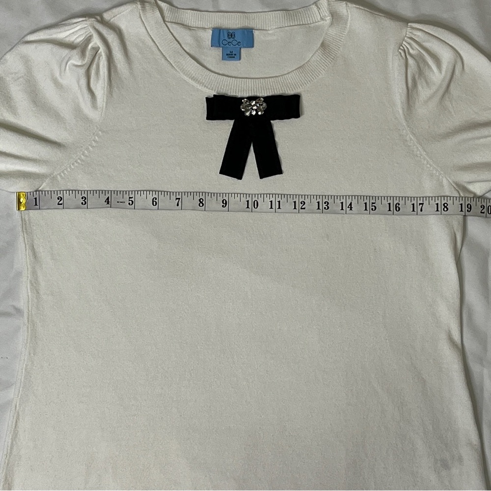 CeCe Crystal Bow Front Ruffle Cuff Sweater Top White Black Coquette Casual M - Picture 12 of 15